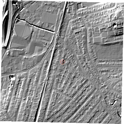 Shaded relief map of the ground around KT36JR, computed from Environment Agency LiDAR. The ground here sits at about 16 m above sea level and falls 12 m across the surrounding 800 m. Surface water reaching this point runs off ground lying to the south-south-west, 3.4 m higher.