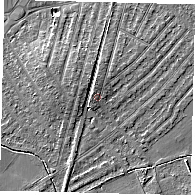 Shaded relief map of the ground around KT36JW, computed from Environment Agency LiDAR. The ground here sits at about 18 m above sea level and falls 8 m across the surrounding 800 m. Surface water reaching this point runs off ground lying to the north, 1.4 m higher.