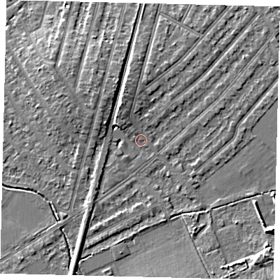 Shaded relief map of the ground around KT36JX, computed from Environment Agency LiDAR. The ground here sits at about 17 m above sea level and falls 8 m across the surrounding 800 m. Surface water reaching this point runs off ground lying to the north-north-west, 5.4 m higher.