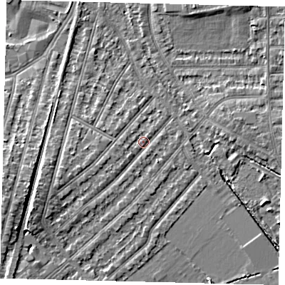 Shaded relief map of the ground around KT36JY, computed from Environment Agency LiDAR. The ground here sits at about 16 m above sea level and falls 6 m across the surrounding 800 m. Surface water reaching this point runs off ground lying to the west-south-west, 1.7 m higher.