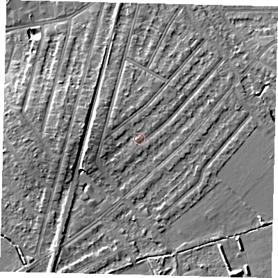 Shaded relief map of the ground around KT36JZ, computed from Environment Agency LiDAR. The ground here sits at about 17 m above sea level and falls 9 m across the surrounding 800 m. Surface water reaching this point runs off ground lying to the west, 0.9 m higher.