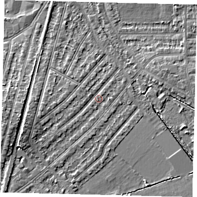 Shaded relief map of the ground around KT36LA, computed from Environment Agency LiDAR. The ground here sits at about 17 m above sea level and falls 6 m across the surrounding 800 m. Surface water reaching this point runs off ground lying to the west-south-west, 1.3 m higher.