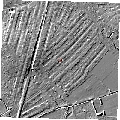 Shaded relief map of the ground around KT36LB, computed from Environment Agency LiDAR. The ground here sits at about 17 m above sea level and falls 9 m across the surrounding 800 m. Surface water reaching this point runs off ground lying to the east-north-east, 0.7 m higher.