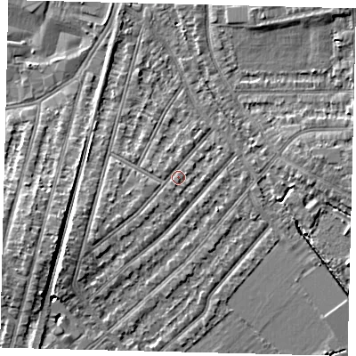 Shaded relief map of the ground around KT36LF, computed from Environment Agency LiDAR. The ground here sits at about 17 m above sea level and falls 6 m across the surrounding 800 m. Surface water reaching this point runs off ground lying to the south-west, 1.4 m higher.