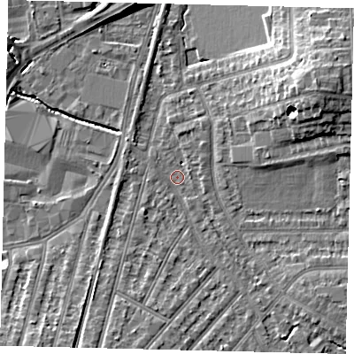 Shaded relief map of the ground around KT36LP, computed from Environment Agency LiDAR. The ground here sits at about 15 m above sea level and falls 12 m across the surrounding 800 m. Surface water reaching this point runs off ground lying to the south-south-west, 3.4 m higher.