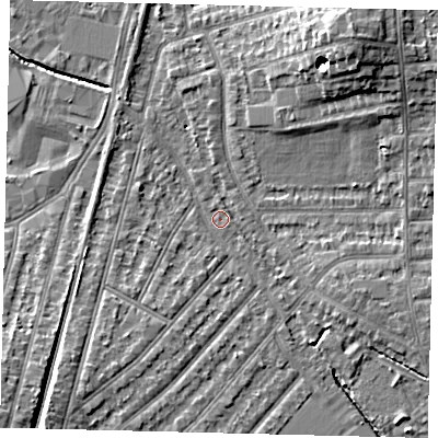 Shaded relief map of the ground around KT36LR, computed from Environment Agency LiDAR. The ground here sits at about 15 m above sea level and falls 11 m across the surrounding 800 m. Surface water reaching this point runs off ground lying to the south-south-west, 2.5 m higher.