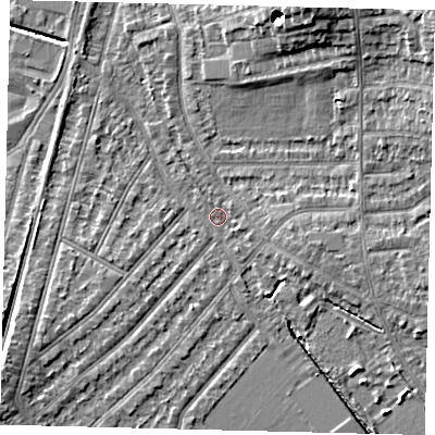 Shaded relief map of the ground around KT36LS, computed from Environment Agency LiDAR. The ground here sits at about 16 m above sea level and falls 10 m across the surrounding 800 m. Surface water reaching this point runs off ground lying to the east-south-east, 2.5 m higher.