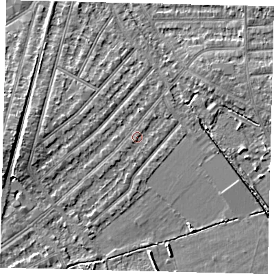 Shaded relief map of the ground around KT36LT, computed from Environment Agency LiDAR. The ground here sits at about 17 m above sea level and falls 6 m across the surrounding 800 m. Surface water reaching this point runs off ground lying to the south-west, 1.1 m higher.