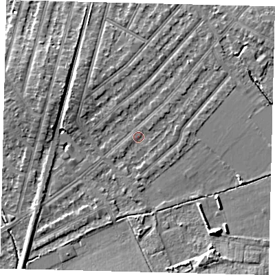 Shaded relief map of the ground around KT36LU, computed from Environment Agency LiDAR. The ground here sits at about 17 m above sea level and falls 8 m across the surrounding 800 m. Surface water reaching this point runs off ground lying to the north-east, 0.9 m higher.