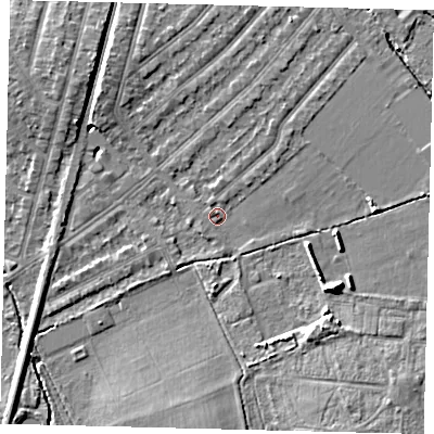 Shaded relief map of the ground around KT36LX, computed from Environment Agency LiDAR. The ground here sits at about 17 m above sea level and falls 8 m across the surrounding 800 m. Surface water reaching this point runs off ground lying to the north-north-east, 1.3 m higher.