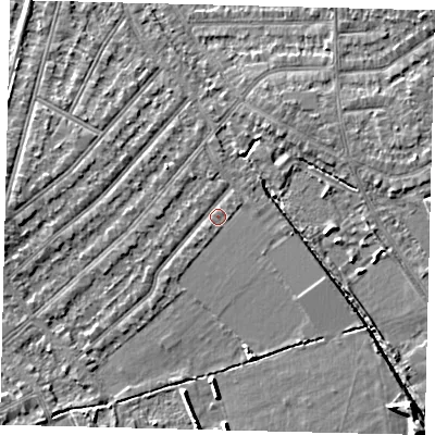 Shaded relief map of the ground around KT36LY, computed from Environment Agency LiDAR. The ground here sits at about 17 m above sea level and falls 6 m across the surrounding 800 m. Surface water reaching this point runs off ground lying to the south-west, 1.2 m higher.
