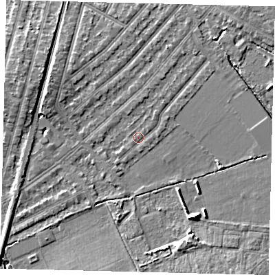Shaded relief map of the ground around KT36NA, computed from Environment Agency LiDAR. The ground here sits at about 17 m above sea level and falls 8 m across the surrounding 800 m. Surface water reaching this point runs off ground lying to the north-east, 0.7 m higher.