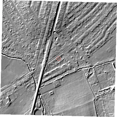 Shaded relief map of the ground around KT36NB, computed from Environment Agency LiDAR. The ground here sits at about 16 m above sea level and falls 7 m across the surrounding 800 m. Surface water reaching this point runs off ground lying to the north, 5.4 m higher.