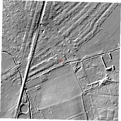 Shaded relief map of the ground around KT36NE, computed from Environment Agency LiDAR. The ground here sits at about 17 m above sea level and falls 8 m across the surrounding 800 m. Surface water reaching this point runs off ground lying to the south-south-east, 0.8 m higher.