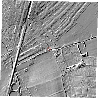 Shaded relief map of the ground around KT36NF, computed from Environment Agency LiDAR. The ground here sits at about 17 m above sea level and falls 9 m across the surrounding 800 m. Surface water reaching this point runs off ground lying to the south-east, 6.0 m higher.