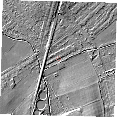 Shaded relief map of the ground around KT36NG, computed from Environment Agency LiDAR. The ground here sits at about 17 m above sea level and falls 9 m across the surrounding 800 m. Surface water reaching this point runs off ground lying to the south-west, 5.6 m higher.