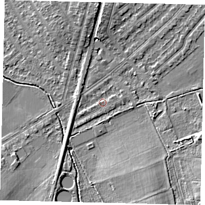 Shaded relief map of the ground around KT36NQ, computed from Environment Agency LiDAR. The ground here sits at about 17 m above sea level and falls 8 m across the surrounding 800 m. Surface water reaching this point runs off ground lying to the east-north-east, 1.2 m higher.