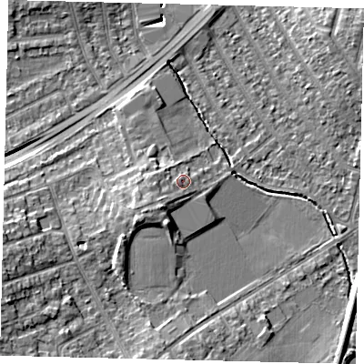 Shaded relief map of the ground around KT36NX, computed from Environment Agency LiDAR. The ground here sits at about 19 m above sea level and falls 10 m across the surrounding 800 m. Surface water reaching this point runs off ground lying to the south-west, 2.6 m higher.