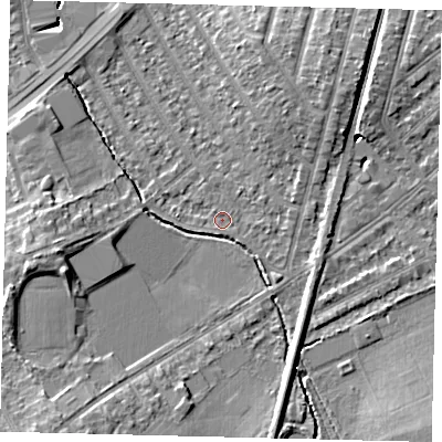 Shaded relief map of the ground around KT36PA, computed from Environment Agency LiDAR. The ground here sits at about 16 m above sea level and falls 9 m across the surrounding 800 m. Surface water reaching this point runs off ground lying to the south-south-west, 0.9 m higher.