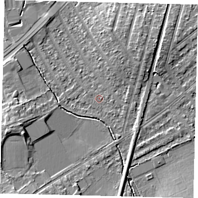 Shaded relief map of the ground around KT36PB, computed from Environment Agency LiDAR. The ground here sits at about 16 m above sea level and falls 9 m across the surrounding 800 m. Surface water reaching this point runs off ground lying to the west-south-west, 7.3 m higher.