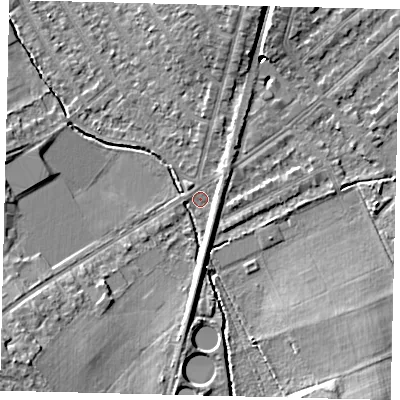 Shaded relief map of the ground around KT36PD, computed from Environment Agency LiDAR. The ground here sits at about 16 m above sea level and falls 9 m across the surrounding 800 m. Surface water reaching this point runs off ground lying to the south-west, 6.6 m higher.