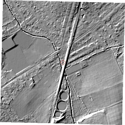 Shaded relief map of the ground around KT36PE, computed from Environment Agency LiDAR. The ground here sits at about 16 m above sea level and falls 11 m across the surrounding 800 m. Surface water reaching this point runs off ground lying to the south, 3.3 m higher.