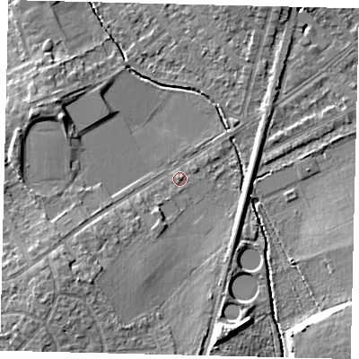 Shaded relief map of the ground around KT36PF, computed from Environment Agency LiDAR. The ground here sits at about 17 m above sea level and falls 11 m across the surrounding 800 m. Surface water reaching this point runs off ground lying to the south-west, 6.0 m higher.