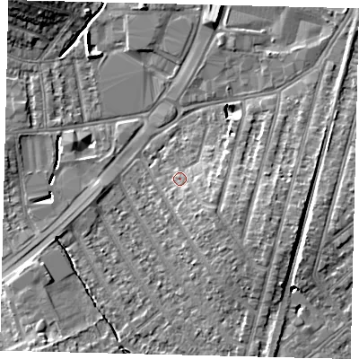 Shaded relief map of the ground around KT36QF, computed from Environment Agency LiDAR. The ground here sits at about 16 m above sea level and falls 9 m across the surrounding 800 m. Surface water reaching this point runs off ground lying to the south-east, 3.1 m higher.
