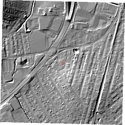 Shaded relief map of the ground around KT36QG, computed from Environment Agency LiDAR. The ground here sits at about 15 m above sea level and falls 11 m across the surrounding 800 m. Surface water reaching this point runs off ground lying to the south-south-east, 3.6 m higher.