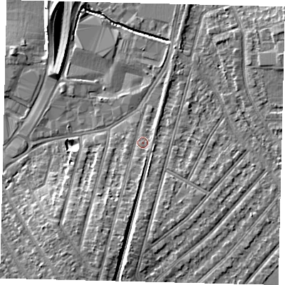 Shaded relief map of the ground around KT36QL, computed from Environment Agency LiDAR. The ground here sits at about 16 m above sea level and falls 10 m across the surrounding 800 m. Surface water reaching this point runs off ground lying to the south-south-west, 4.6 m higher.