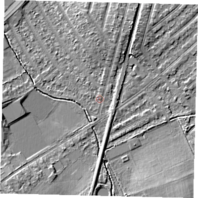 Shaded relief map of the ground around KT36QP, computed from Environment Agency LiDAR. The ground here sits at about 16 m above sea level and falls 9 m across the surrounding 800 m. Surface water reaching this point runs off ground lying to the north-north-east, 3.7 m higher.