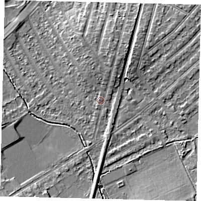 Shaded relief map of the ground around KT36QR, computed from Environment Agency LiDAR. The ground here sits at about 17 m above sea level and falls 7 m across the surrounding 800 m. Surface water reaching this point runs off ground lying to the north-north-east, 3.4 m higher.