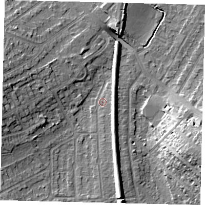 Shaded relief map of the ground around KT47AH, computed from Environment Agency LiDAR. The ground here sits at about 23 m above sea level and falls 19 m across the surrounding 800 m. Surface water reaching this point runs off ground lying to the south, 8.5 m higher.