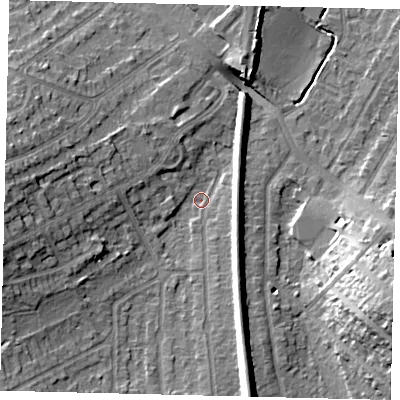 Shaded relief map of the ground around KT47AQ, computed from Environment Agency LiDAR. The ground here sits at about 22 m above sea level and falls 19 m across the surrounding 800 m. Surface water reaching this point runs off ground lying to the west, 11.1 m higher.