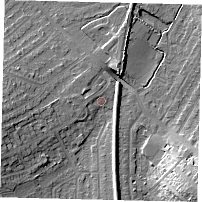 Shaded relief map of the ground around KT47EN, computed from Environment Agency LiDAR. The ground here sits at about 23 m above sea level and falls 19 m across the surrounding 800 m. Surface water reaching this point runs off ground lying to the west-south-west, 10.6 m higher.