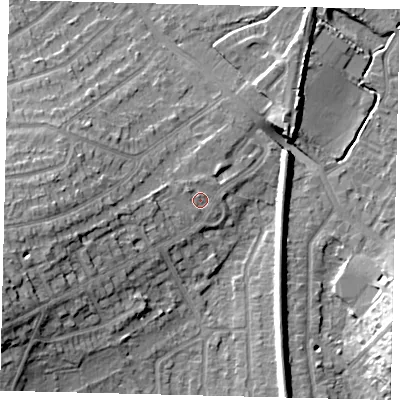 Shaded relief map of the ground around KT47EW, computed from Environment Agency LiDAR. The ground here sits at about 25 m above sea level and falls 19 m across the surrounding 800 m. Surface water reaching this point runs off ground lying to the west-south-west, 7.4 m higher.