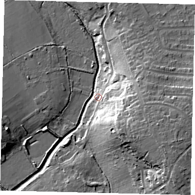 Shaded relief map of the ground around KT47PU, computed from Environment Agency LiDAR. The ground here sits at about 20 m above sea level and falls 30 m across the surrounding 800 m. Surface water reaching this point runs off ground lying to the south-east, 28.5 m higher.