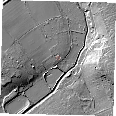 Shaded relief map of the ground around KT47PX, computed from Environment Agency LiDAR. The ground here sits at about 20 m above sea level and falls 28 m across the surrounding 800 m. Surface water reaching this point runs off ground lying to the north-west, 1.8 m higher.