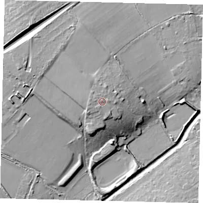 Shaded relief map of the ground around KT47QB, computed from Environment Agency LiDAR. The ground here sits at about 33 m above sea level and falls 19 m across the surrounding 800 m. Surface water reaching this point runs off ground lying to the west, 2.3 m higher.