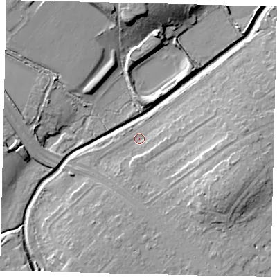 Shaded relief map of the ground around KT47QD, computed from Environment Agency LiDAR. The ground here sits at about 20 m above sea level and falls 17 m across the surrounding 800 m. Surface water reaching this point runs off ground lying to the east-south-east, 11.4 m higher.
