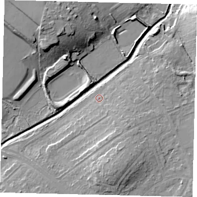 Shaded relief map of the ground around KT47QE, computed from Environment Agency LiDAR. The ground here sits at about 21 m above sea level and falls 19 m across the surrounding 800 m. Surface water reaching this point runs off ground lying to the south-south-east, 6.7 m higher.