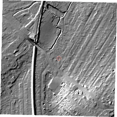 Shaded relief map of the ground around KT48AA, computed from Environment Agency LiDAR. The ground here sits at about 21 m above sea level and falls 20 m across the surrounding 800 m. Surface water reaching this point runs off ground lying to the south, 1.3 m higher.