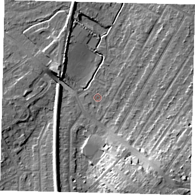 Shaded relief map of the ground around KT48AB, computed from Environment Agency LiDAR. The ground here sits at about 21 m above sea level and falls 20 m across the surrounding 800 m. Surface water reaching this point runs off ground lying to the south, 1.3 m higher.