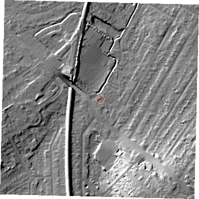 Shaded relief map of the ground around KT48AD, computed from Environment Agency LiDAR. The ground here sits at about 21 m above sea level and falls 20 m across the surrounding 800 m. Surface water reaching this point runs off ground lying to the south-south-west, 10.0 m higher.