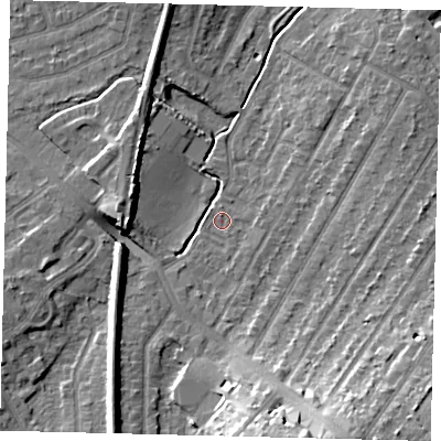 Shaded relief map of the ground around KT48AF, computed from Environment Agency LiDAR. The ground here sits at about 20 m above sea level and falls 18 m across the surrounding 800 m. Surface water reaching this point runs off ground lying to the south-south-east, 15.7 m higher.