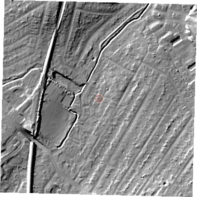 Shaded relief map of the ground around KT48AH, computed from Environment Agency LiDAR. The ground here sits at about 20 m above sea level and falls 12 m across the surrounding 800 m. Surface water reaching this point runs off ground lying to the east-north-east, 2.3 m higher.
