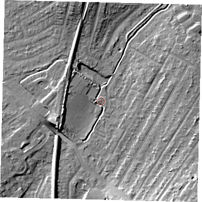 Shaded relief map of the ground around KT48AJ, computed from Environment Agency LiDAR. The ground here sits at about 20 m above sea level and falls 12 m across the surrounding 800 m. Surface water reaching this point runs off ground lying to the south-south-west, 8.9 m higher.