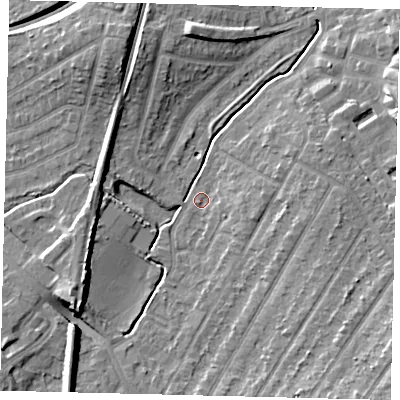Shaded relief map of the ground around KT48AL, computed from Environment Agency LiDAR. The ground here sits at about 19 m above sea level and falls 11 m across the surrounding 800 m. Surface water reaching this point runs off ground lying to the south-east, 9.6 m higher.