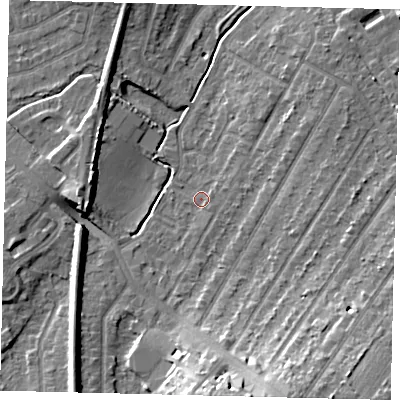 Shaded relief map of the ground around KT48AQ, computed from Environment Agency LiDAR. The ground here sits at about 20 m above sea level and falls 18 m across the surrounding 800 m. Surface water reaching this point runs off ground lying to the south-south-east, 14.9 m higher.