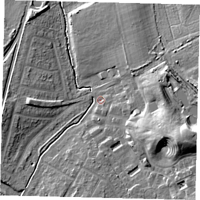 Shaded relief map of the ground around KT48AS, computed from Environment Agency LiDAR. The ground here sits at about 19 m above sea level and falls 21 m across the surrounding 800 m. Surface water reaching this point runs off ground lying to the east, 9.6 m higher.